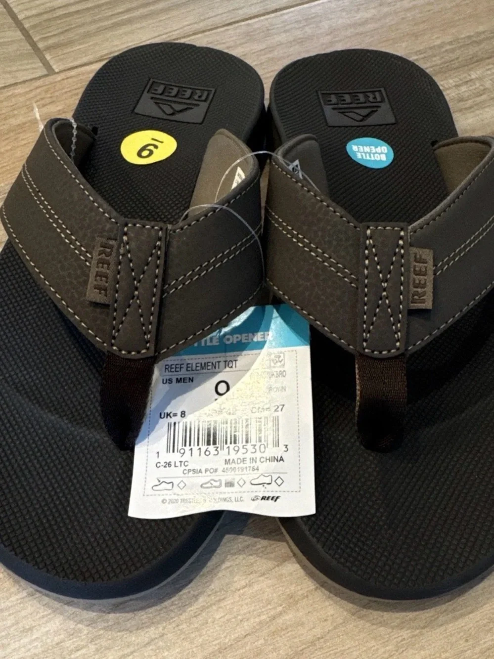 Reef Element TQT Thong Sandals Brown/Black Men US 9 Bottle Opener